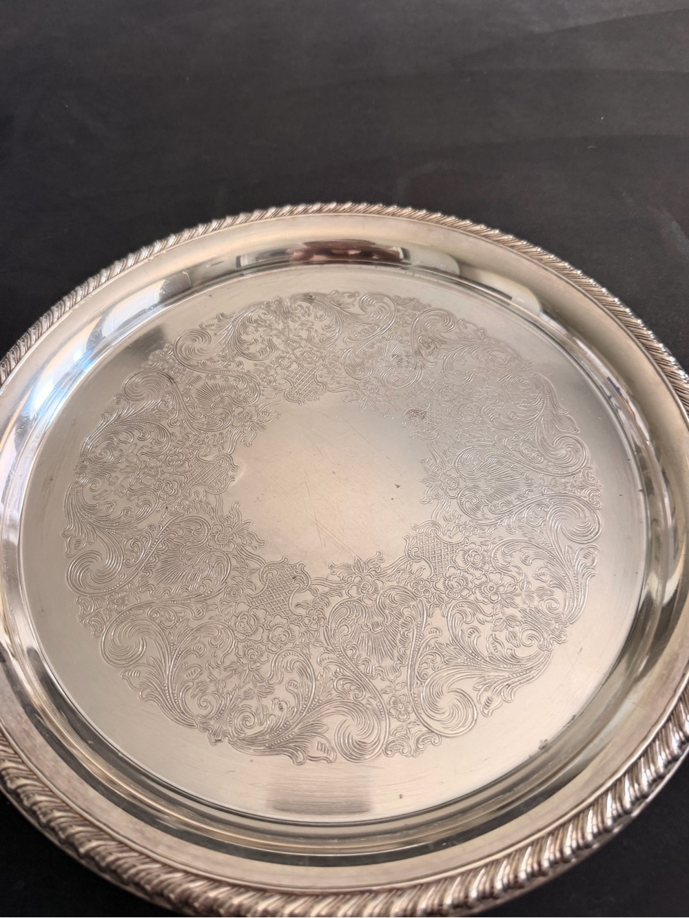 Ornate Silver Serving Tray with Engraved Scrollwork